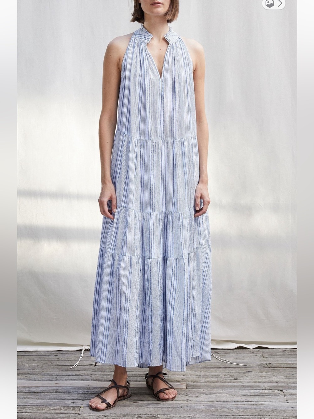APIECE APART Nissi Tiers Cotton Maxi Dress Boho Sleeveless Blue Stripe Size 6